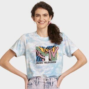 Women's MTV Animal Print Logo Short Sleeve Graphic T-Shirt - Blue Tie-Dye, XL